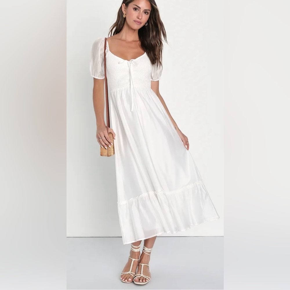 Lulus Inspiring Feelings White Smocked Puff Sleeve
Midi Dress - White, Medium